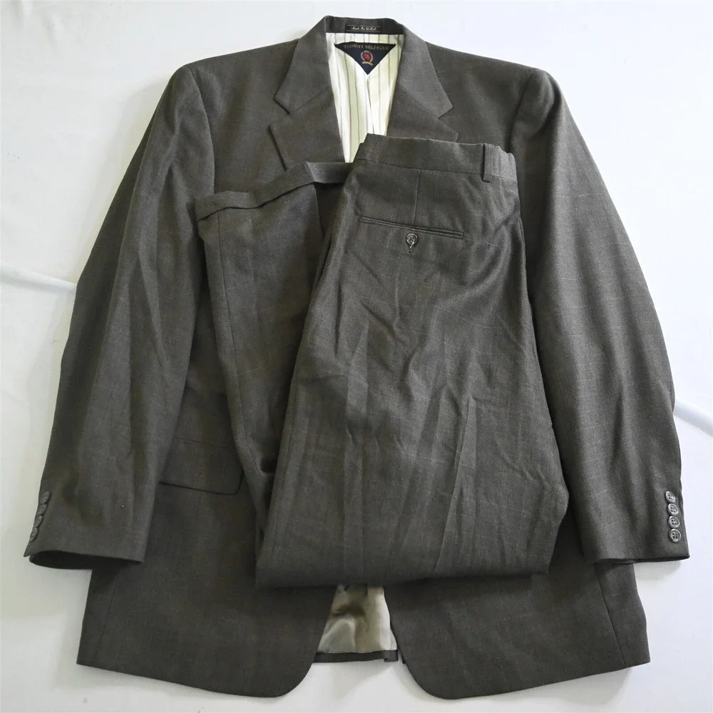 Vtg Tommy Hilfiger USA Made 44L 36x30 Brown Windowpane 100% Wool Mens‎ Suit